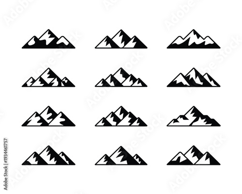 Collection of stylized mountain silhouettes in a grid pattern with varying snow details