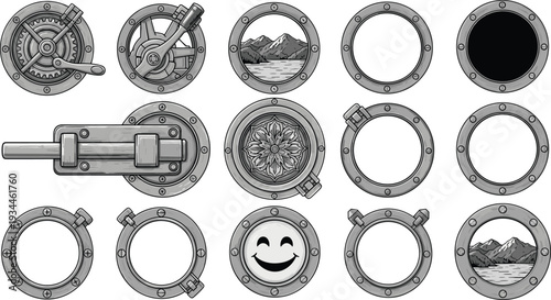 Nautical ship porthole set with metal frames and ocean views, vintage marine window vector illustration isolated on white background