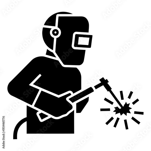 Welder icon silhouette performing metal welding with torch and protective mask for industrial construction