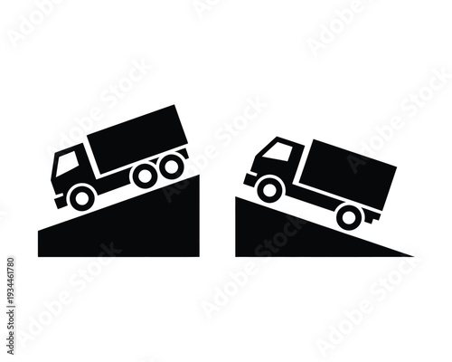 Two dump trucks ascending opposite slopes in a symmetrical design layout
