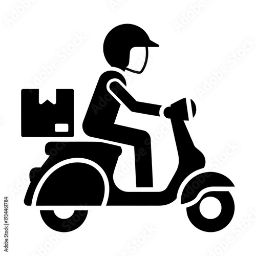 Delivery man on scooter riding with package box courier service icon black silhouette