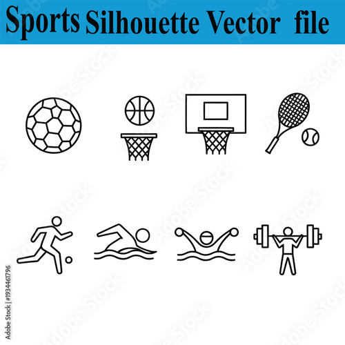 Sports icons set with silhouettes of balls and players  vector graphics