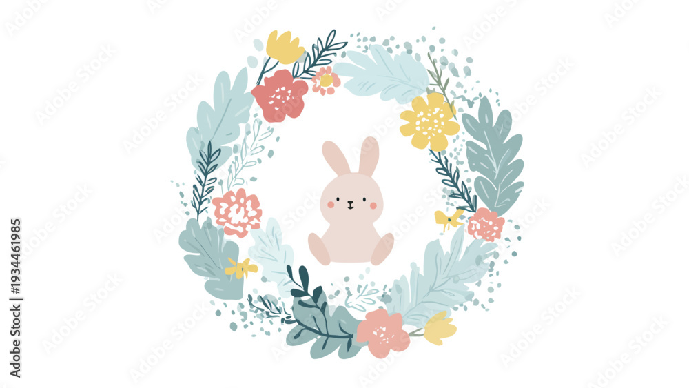 Fototapeta premium Cute cartoon bunny surrounded by a floral wreath, perfect for Easter and spring-themed designs