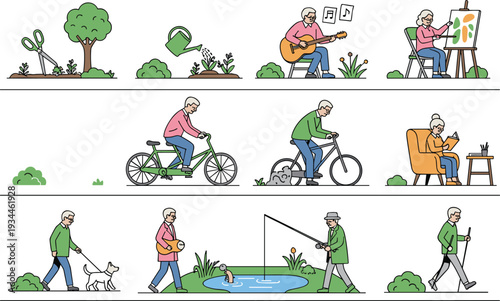 Active senior people hobbies and outdoor activities vector illustration set