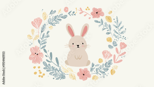 Adorable Bunny Illustration Nestled in a Soft Pastel Floral Wreath, Evoking Gentle Spring and Easter Celebration Themes with a Whimsical Charm