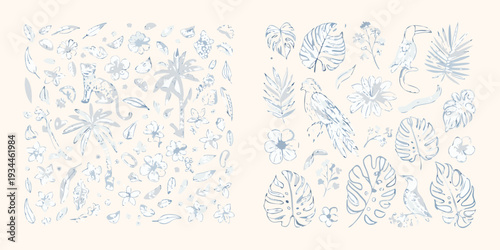 Delicate botanical illustration featuring tropical leaves birds and floral designs