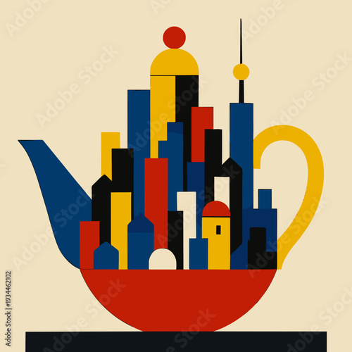 Abstract teapot filled with colorful cityscape in modern art style