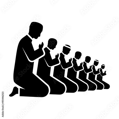 Muslim Men Praying in a Row Silhouette Vector Illustration for Islamic Religious Devotion