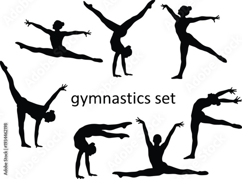 Gymnastics silhouette set, female gymnast performing jumps splits and handstands isolated on white background sport illustration collection