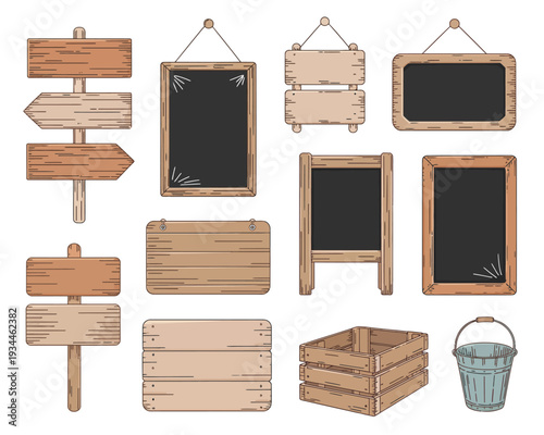 Vintage rustic signs, chalkboards, and baskets for a country-themed decor collection