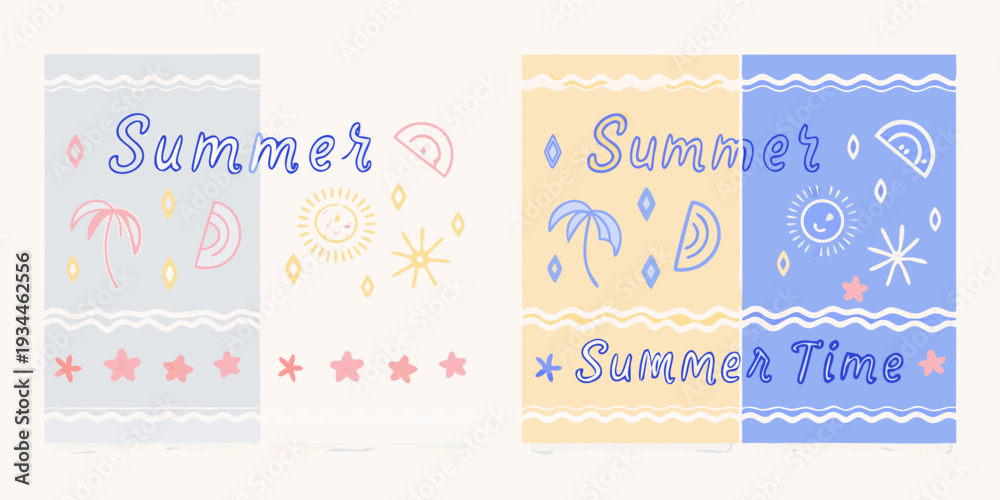 Obraz premium Colorful summer themed illustrations with sun waves and floral details