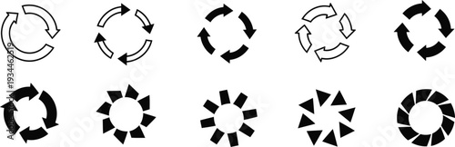 A series of 8 black and white recycling symbols with varying arrow patterns