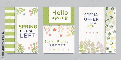 Spring sale promotional banners with floral designs and text overlays