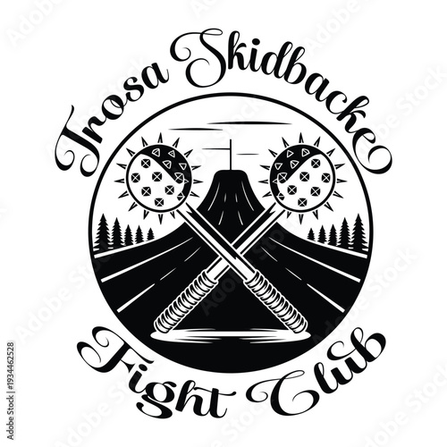 Trosa Skidbackeo Fight Club logo with crossed hockey sticks and mountain landscape