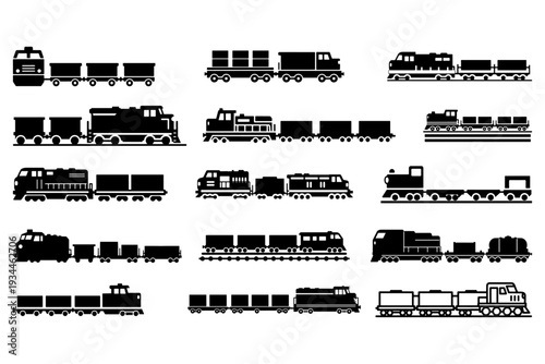 Freight Train Transportation Solid Icon set Cargo Railway Vector