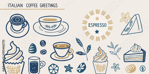 Italian coffee themed illustrations with cups desserts and decorative elements