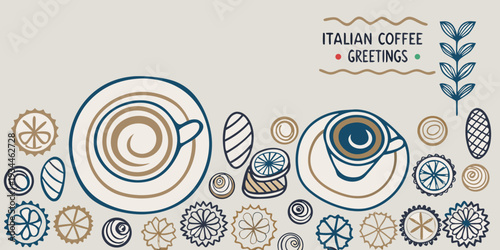 Italian coffee greetings with decorative circular patterns and cup designs