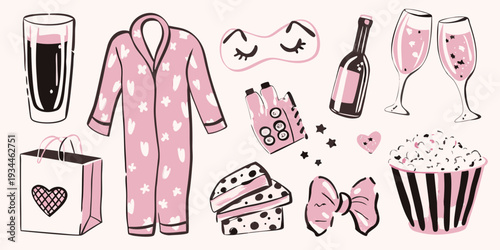 Relaxing evening with pajamas champagne and sweet treats illustration