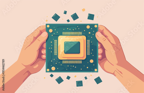 computer chip programma con mani monitor che rotto o da sistemare o rubare in fiamme , vettoriale 