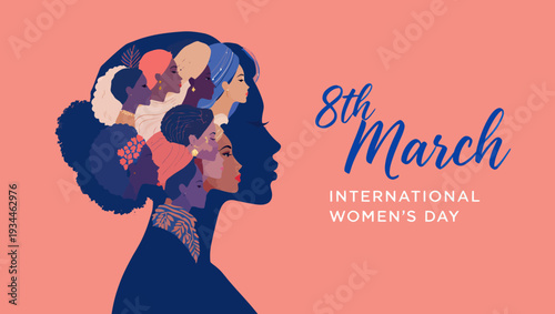 International Women's Day celebration graphic with diverse women's profiles inside a silhouette and 8th March text