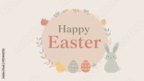 Happy Easter Greeting Card with Bunny, Chick, and Eggs - A Festive Spring Celebration