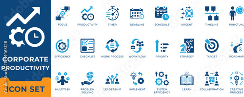 Corporate productivity workflow optimization and agile time management vector icon set