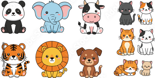 Photography Cute Farm and Wild Animals Cartoon Collection with Panda, Elephant, Cow, Tiger,