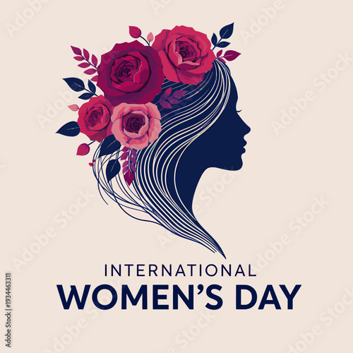 International Women's Day celebration with floral elements and elegant woman silhouette, promoting empowerment and equality