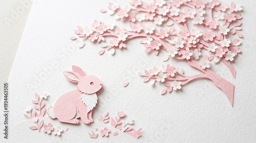 Delicate Paper Craft of a Pink Rabbit Sitting Under a Blooming Cherry Blossom Tree with Falling Petals