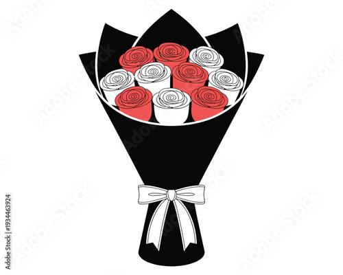 Elegant bouquet of red and white roses wrapped in black paper ribbon