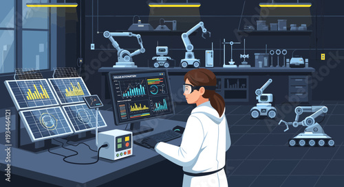 Young female scientist working in advanced robotics laboratory.