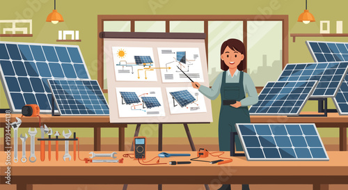 Woman teaching about solar panel technology in a workshop setting.