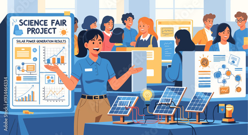 Young woman presenting science fair project with solar panels.
