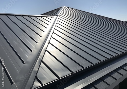 Sleek metal roof design with parallel panels against a blue sky backdrop