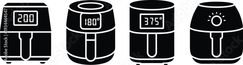 Air Fryer Solid Icons Set, Modern Kitchen Cooking Appliance Silhouette Vector Symbols Isolated on White Background