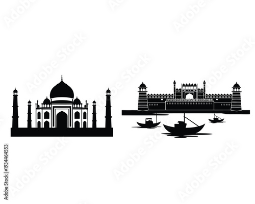 Silhouettes of the taj mahal and agra fort with boats on the yamuna river