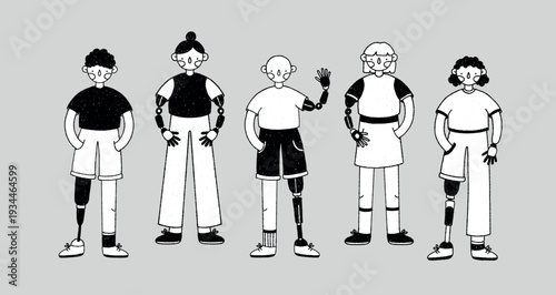 Set of inclusive people with prosthetics. Male and female characters with prosthesis legs and hands. Vector hand drawn pencil naive editable black and white illustration with transparent background.