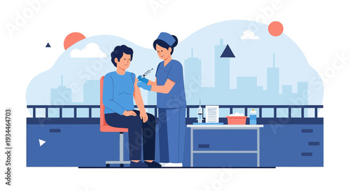 Nurse Administering Vaccine to Man, Healthcare Concept, Urban Background