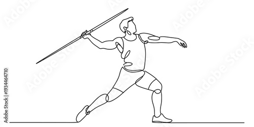 Continuous line drawing of javelin throw athlete in action