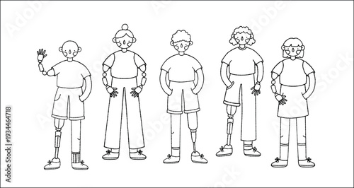 Inclusive people with prosthetic limbs vector set. Male and female characters with leg and arm prosthesis. One line hand drawn pencil naive style editable illustration isolated, transparent