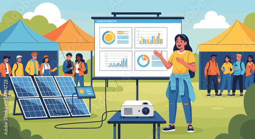 Young Woman Presenting Solar Energy Project Outdoors.
