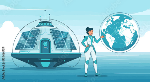 Astronaut Woman Interacting With Futuristic Space Station and Earth Globe.