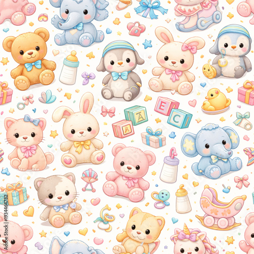 Seamless patterns in the form of various cute dolls such as elephants, rabbits, bear, etc.