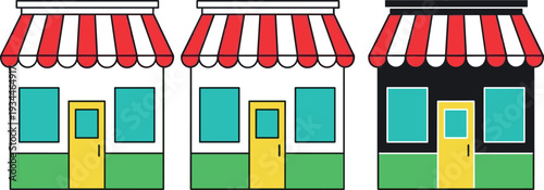 Storefront Shop Exterior Collection with Red Striped Awning, Retail Facade, and Small Business Building Icons in Flat Vector Style