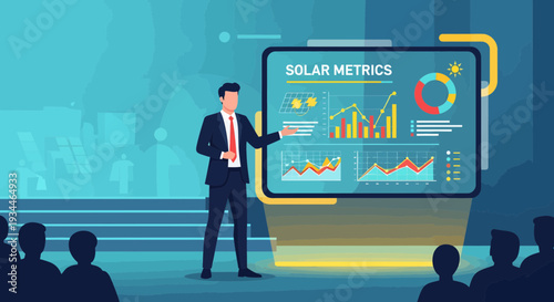 Business man presenting financial metrics on a large screen.