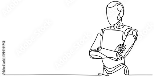 Continuous line drawing of humanoid robot standing confidently