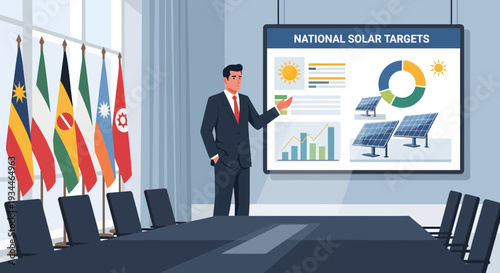 Businessman presenting national solar targets in a boardroom.