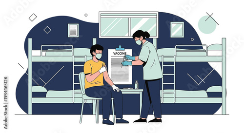 Nurse Administering Vaccine to Patient in Dormitory Setting, Healthcare Concept