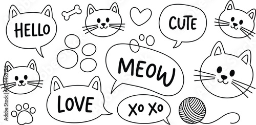 Black and white of cute cats with speech bubbles and paw prints