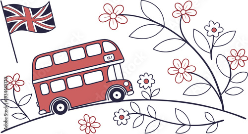 Red double decker bus driving on a road with flowers and a U K flag UK flag transportation